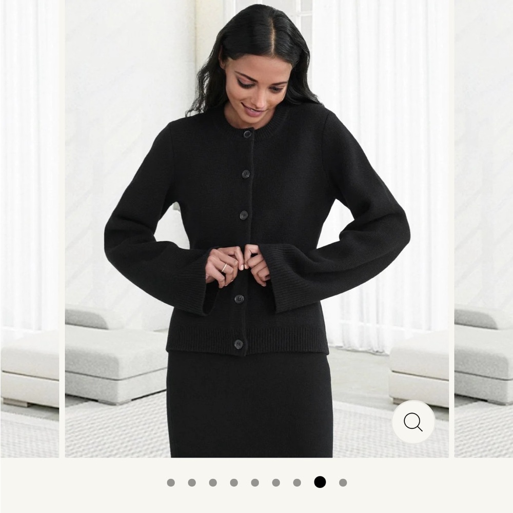 Black knit cardigan, front button, 2 front pockets, snug fit